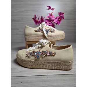 ​Venus Embellished Platform Espadrille Sneakers Canvas Jeweled Cream 8.5
